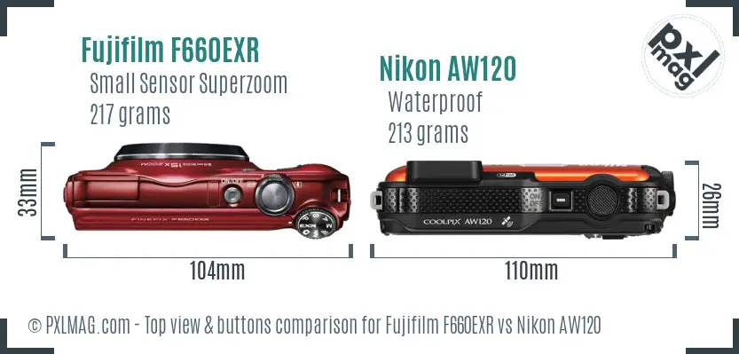 Fujifilm F660EXR vs Nikon AW120 top view buttons comparison