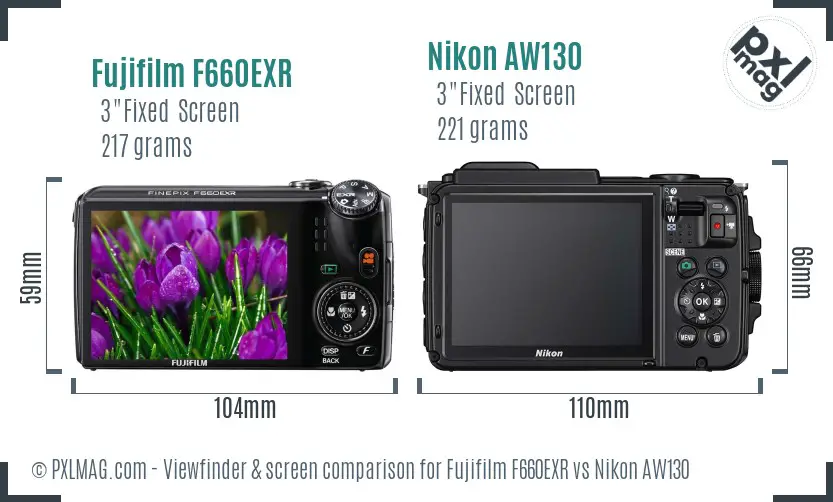 Fujifilm F660EXR vs Nikon AW130 Screen and Viewfinder comparison