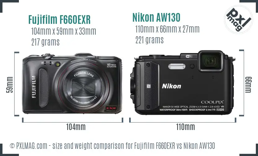 Fujifilm F660EXR vs Nikon AW130 size comparison