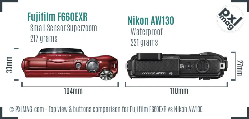 Fujifilm F660EXR vs Nikon AW130 top view buttons comparison
