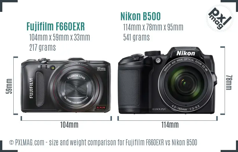 Fujifilm F660EXR vs Nikon B500 size comparison