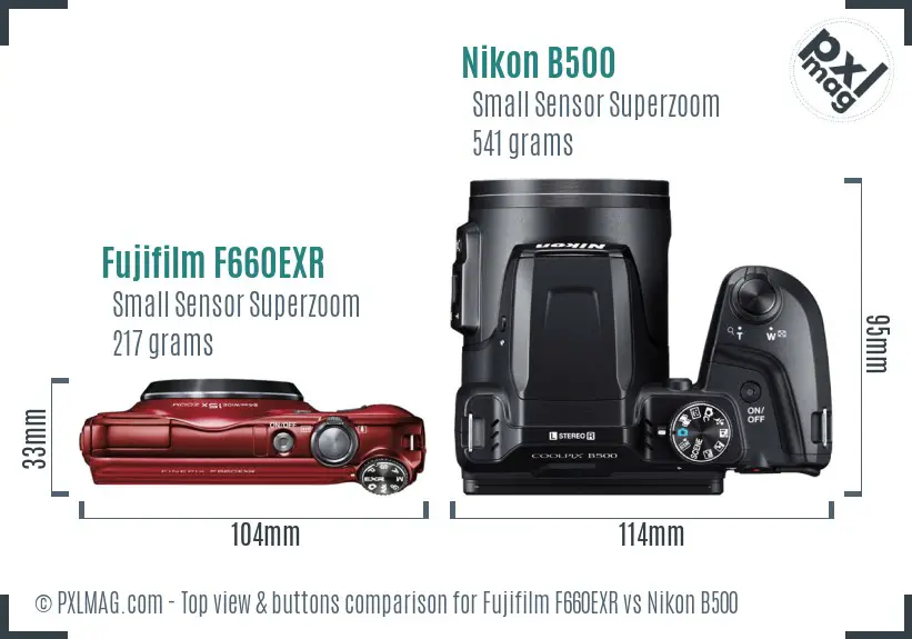 Fujifilm F660EXR vs Nikon B500 top view buttons comparison