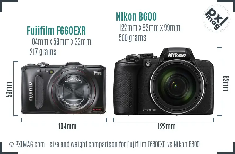 Fujifilm F660EXR vs Nikon B600 size comparison