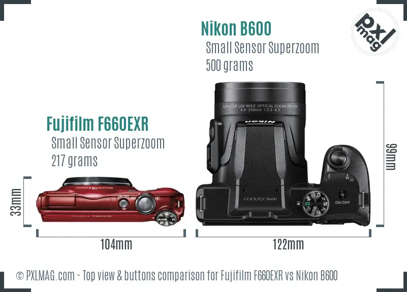 Fujifilm F660EXR vs Nikon B600 top view buttons comparison