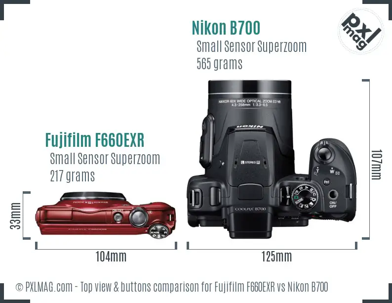 Fujifilm F660EXR vs Nikon B700 top view buttons comparison