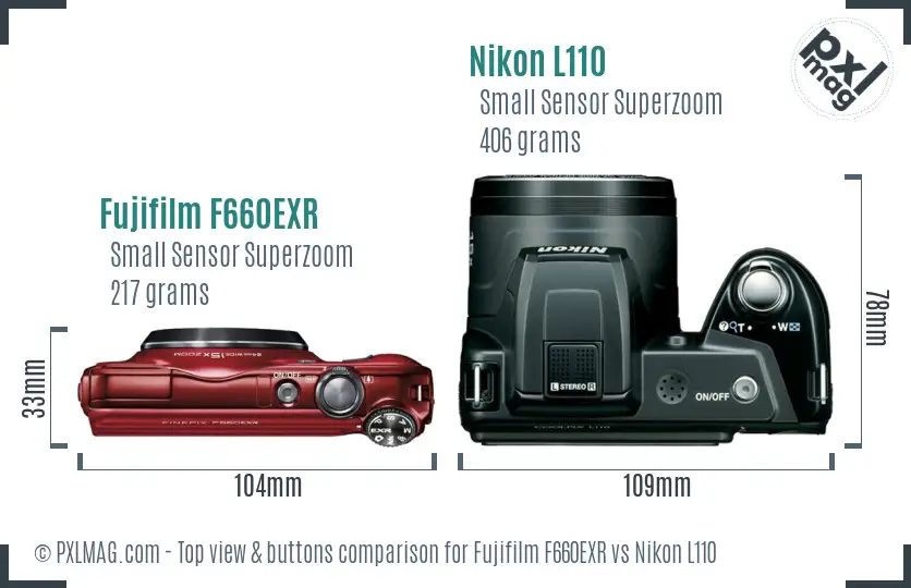 Fujifilm F660EXR vs Nikon L110 top view buttons comparison