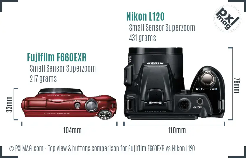 Fujifilm F660EXR vs Nikon L120 top view buttons comparison