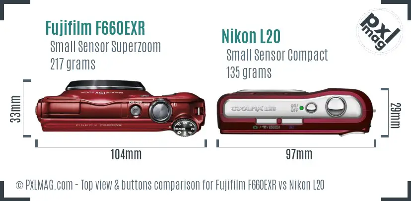 Fujifilm F660EXR vs Nikon L20 top view buttons comparison