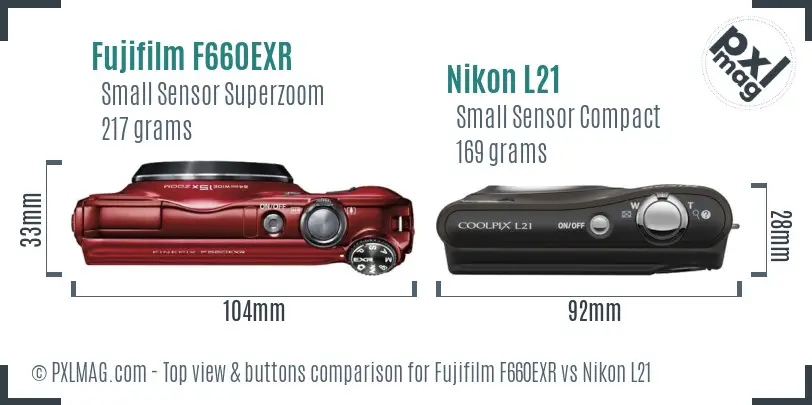 Fujifilm F660EXR vs Nikon L21 top view buttons comparison