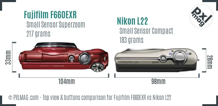 Fujifilm F660EXR vs Nikon L22 top view buttons comparison