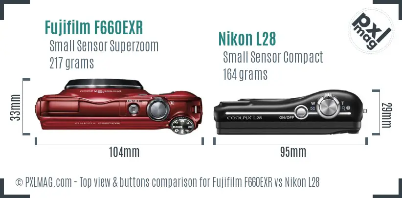 Fujifilm F660EXR vs Nikon L28 top view buttons comparison Fujifilm F660EXR vs Nikon L28 top view buttons comparison