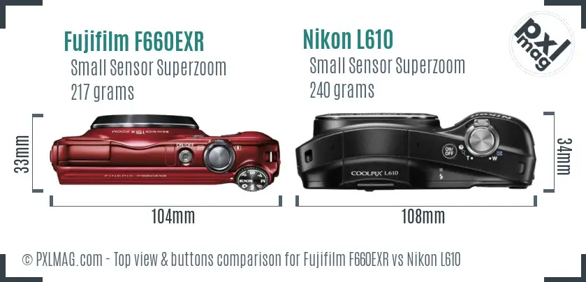 Fujifilm F660EXR vs Nikon L610 top view buttons comparison Fujifilm F660EXR vs Nikon L610 top view buttons comparison