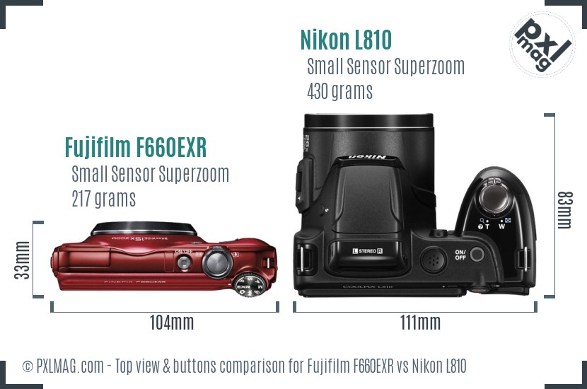 Fujifilm F660EXR vs Nikon L810 top view buttons comparison