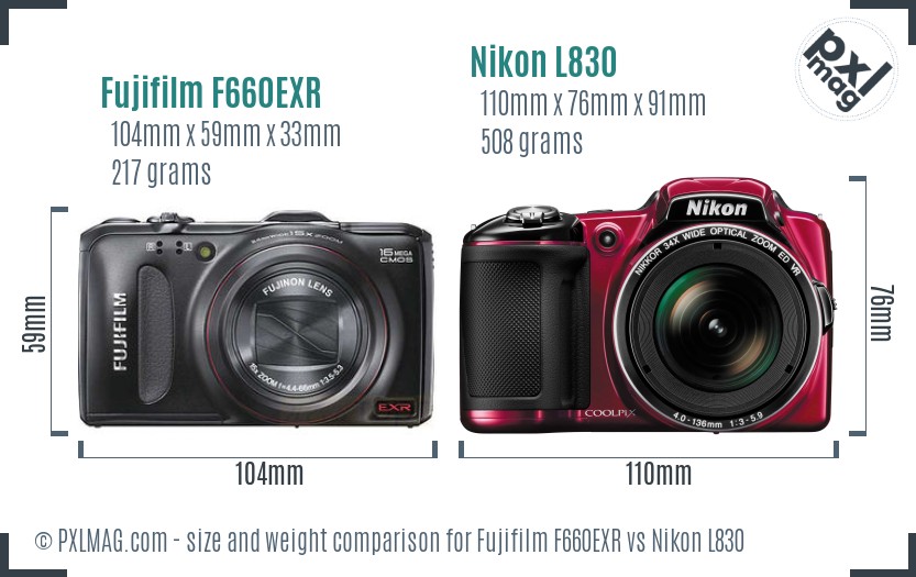 Fujifilm F660EXR vs Nikon L830 size comparison