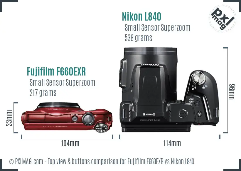 Fujifilm F660EXR vs Nikon L840 top view buttons comparison