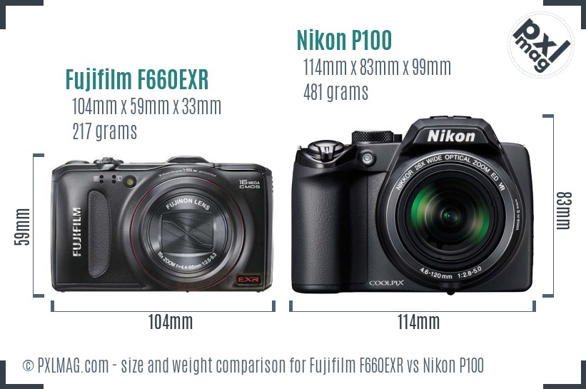 Fujifilm F660EXR vs Nikon P100 size comparison