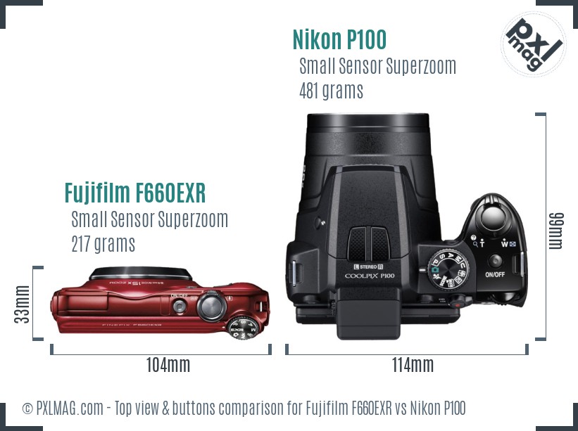 Fujifilm F660EXR vs Nikon P100 top view buttons comparison