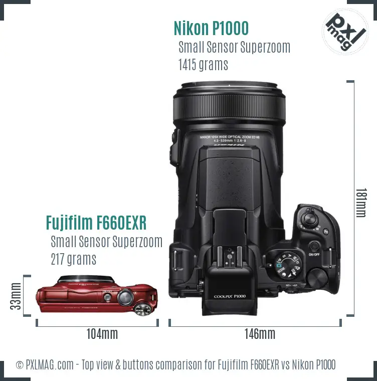 Fujifilm F660EXR vs Nikon P1000 top view buttons comparison