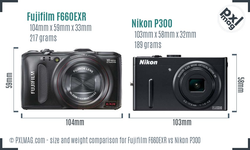Fujifilm F660EXR vs Nikon P300 size comparison