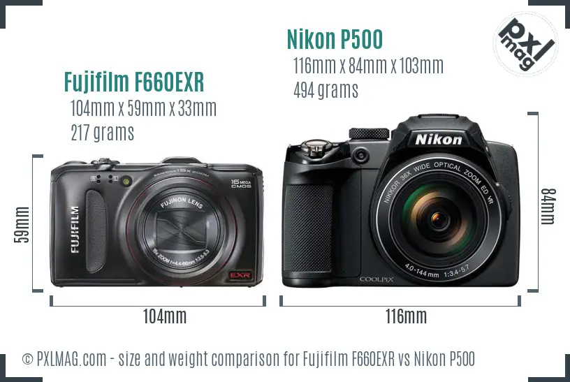 Fujifilm F660EXR vs Nikon P500 size comparison