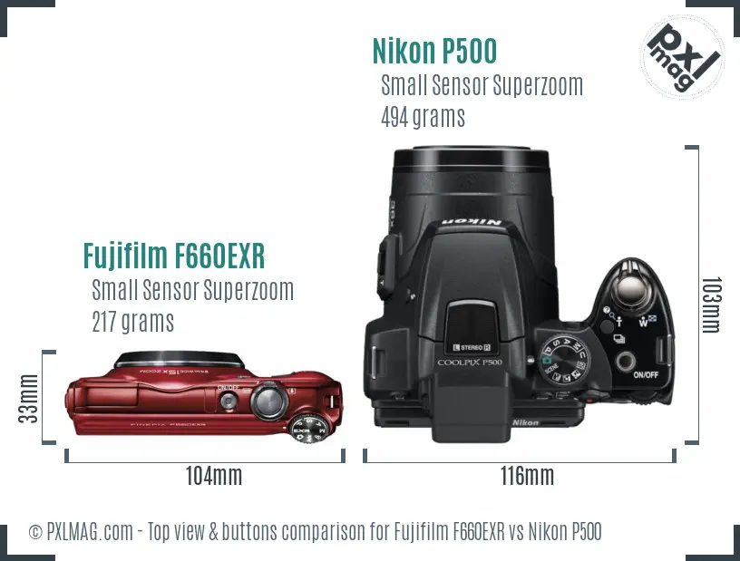 Fujifilm F660EXR vs Nikon P500 top view buttons comparison