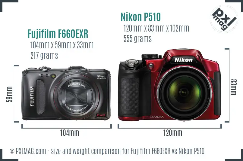 Fujifilm F660EXR vs Nikon P510 size comparison Fujifilm F660EXR vs Nikon P510 size comparison
