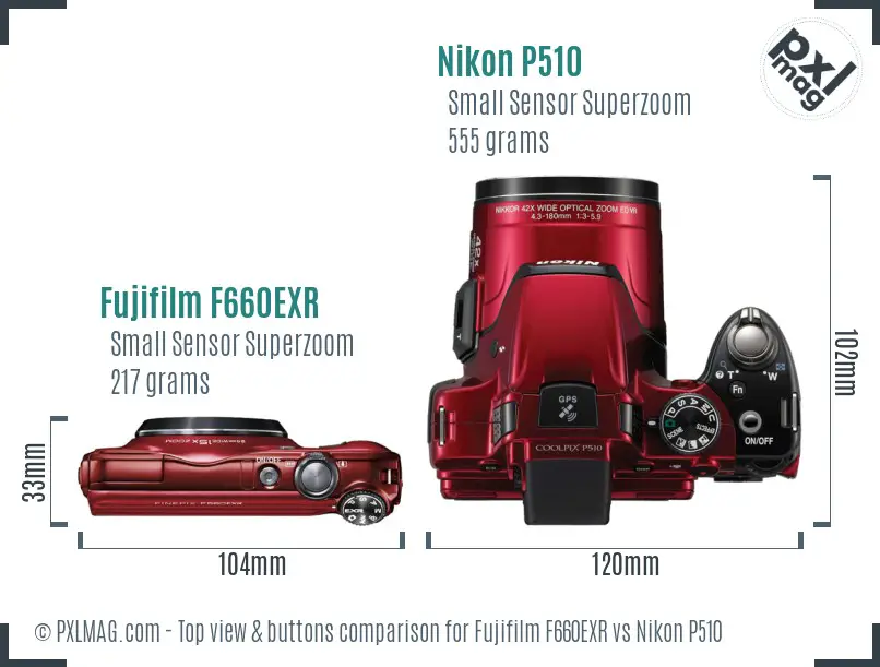 Fujifilm F660EXR vs Nikon P510 top view buttons comparison Fujifilm F660EXR vs Nikon P510 top view buttons comparison