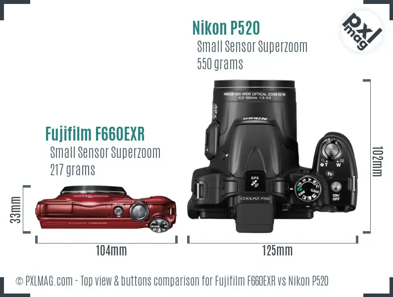 Fujifilm F660EXR vs Nikon P520 top view buttons comparison