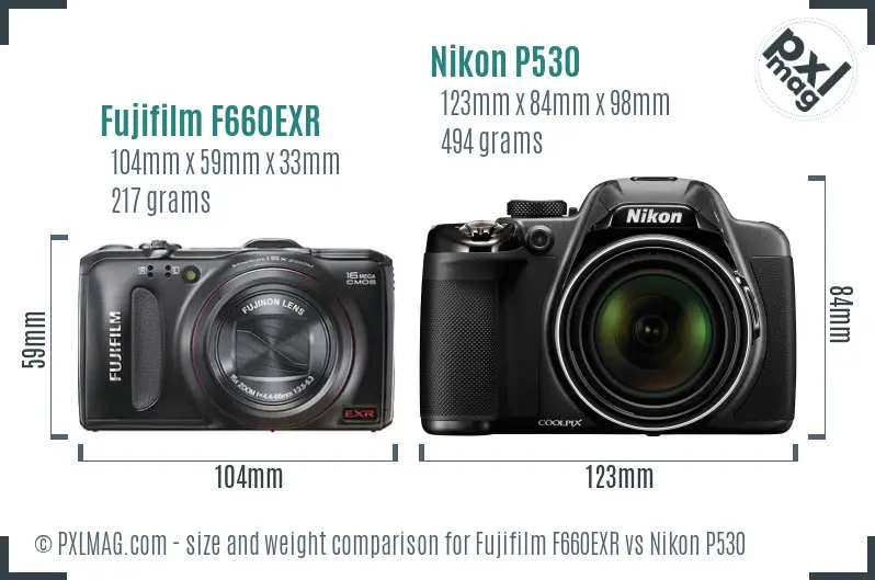 Fujifilm F660EXR vs Nikon P530 size comparison