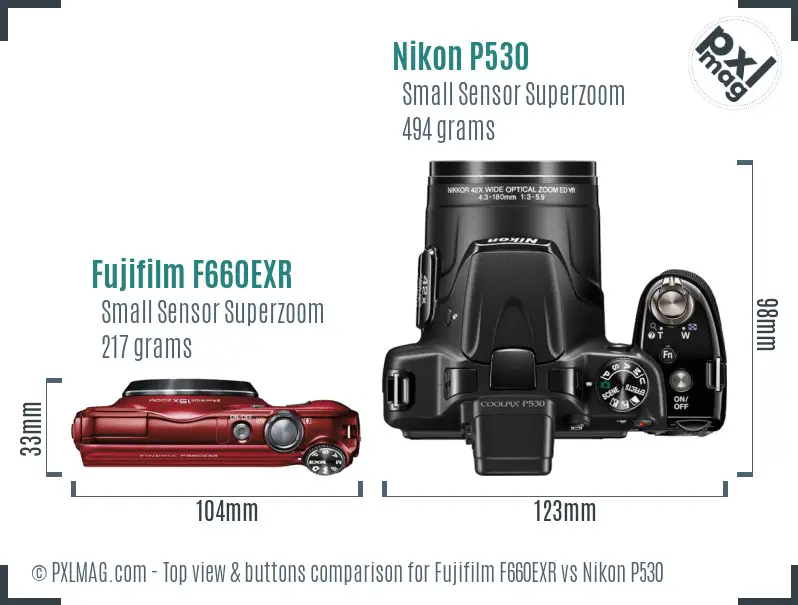 Fujifilm F660EXR vs Nikon P530 top view buttons comparison