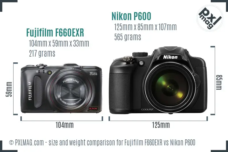 Fujifilm F660EXR vs Nikon P600 size comparison