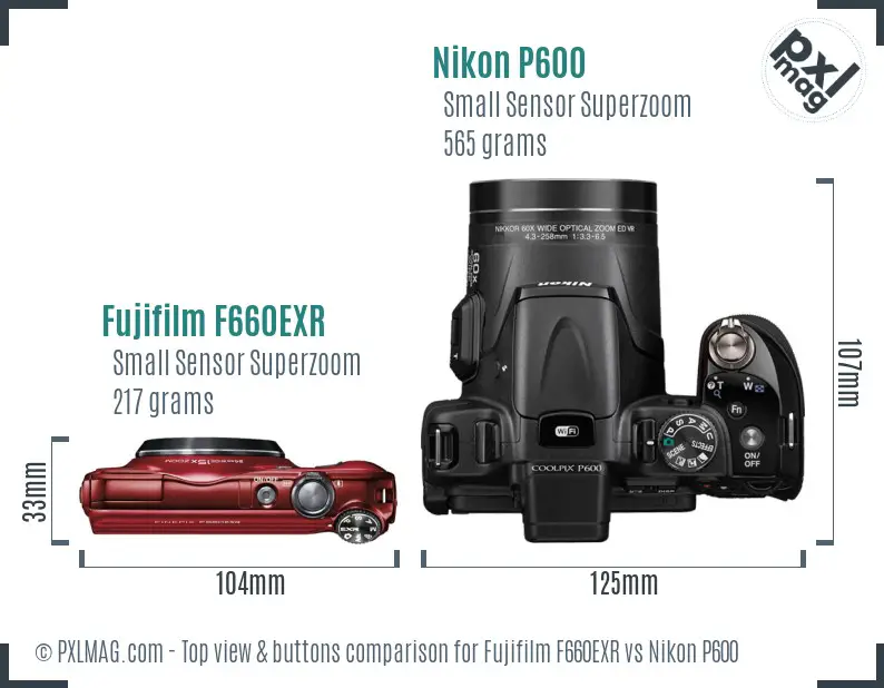 Fujifilm F660EXR vs Nikon P600 top view buttons comparison