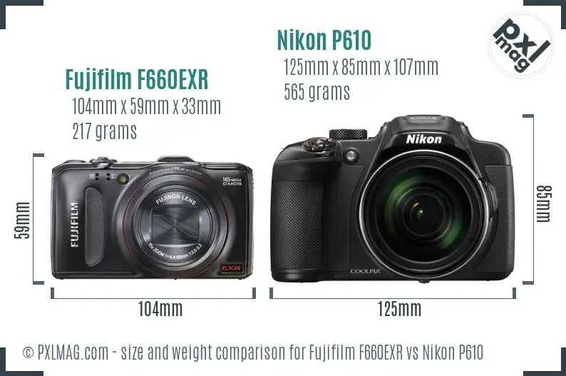 Fujifilm F660EXR vs Nikon P610 size comparison