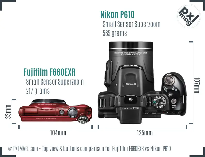 Fujifilm F660EXR vs Nikon P610 top view buttons comparison