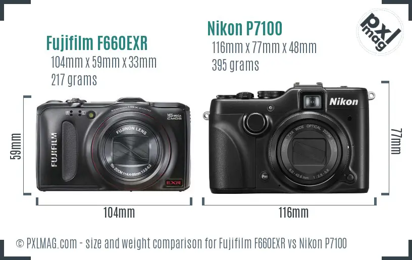 Fujifilm F660EXR vs Nikon P7100 size comparison