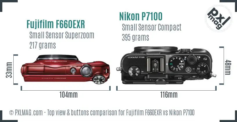 Fujifilm F660EXR vs Nikon P7100 top view buttons comparison