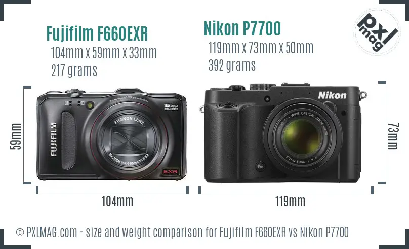 Fujifilm F660EXR vs Nikon P7700 size comparison