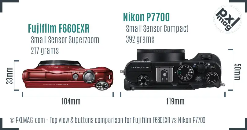 Fujifilm F660EXR vs Nikon P7700 top view buttons comparison