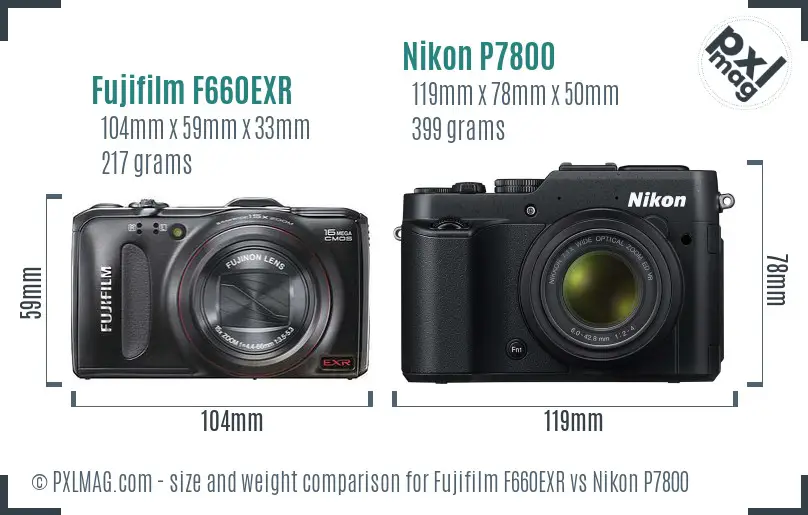 Fujifilm F660EXR vs Nikon P7800 size comparison Fujifilm F660EXR vs Nikon P7800 size comparison