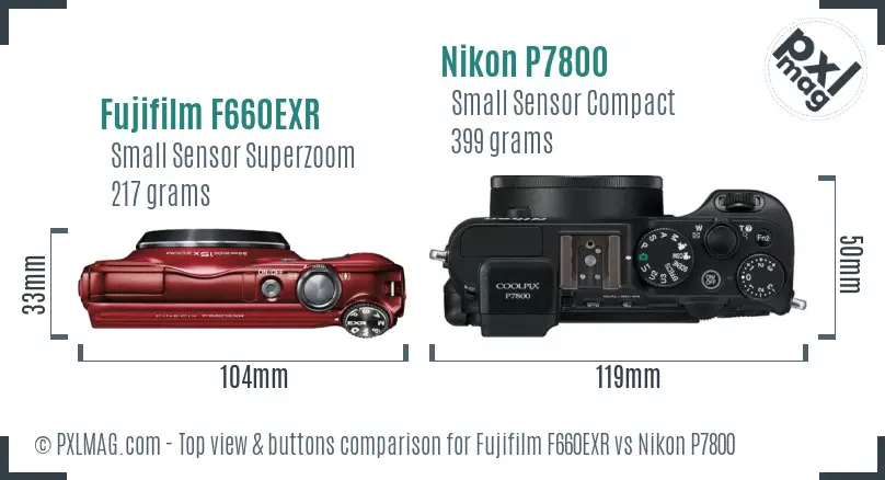 Fujifilm F660EXR vs Nikon P7800 top view buttons comparison Fujifilm F660EXR vs Nikon P7800 top view buttons comparison