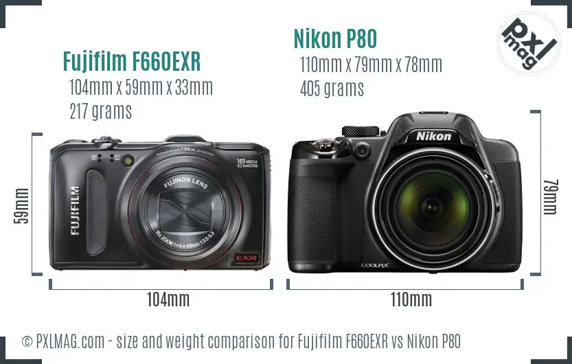 Fujifilm F660EXR vs Nikon P80 size comparison