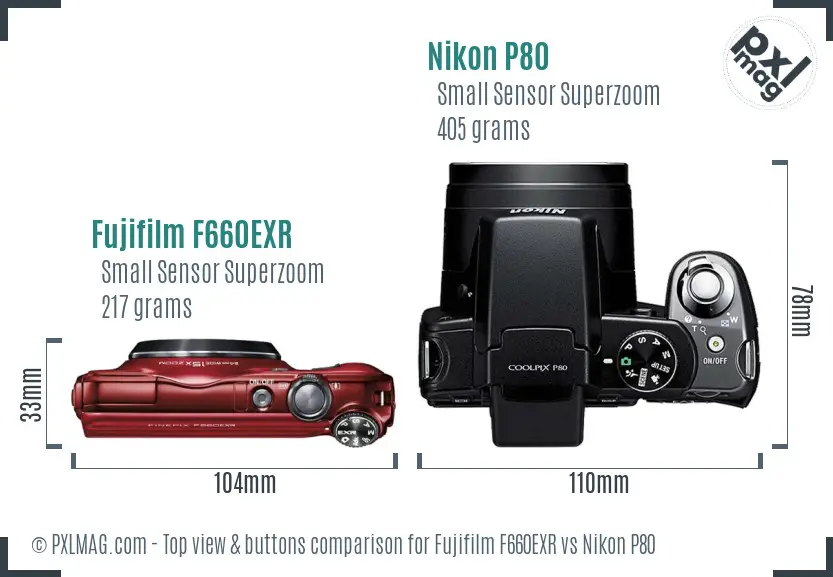 Fujifilm F660EXR vs Nikon P80 top view buttons comparison