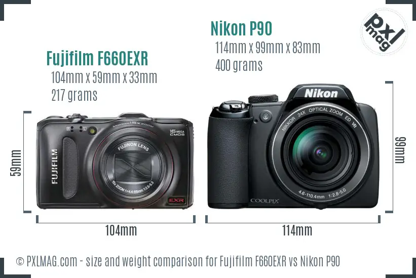 Fujifilm F660EXR vs Nikon P90 size comparison