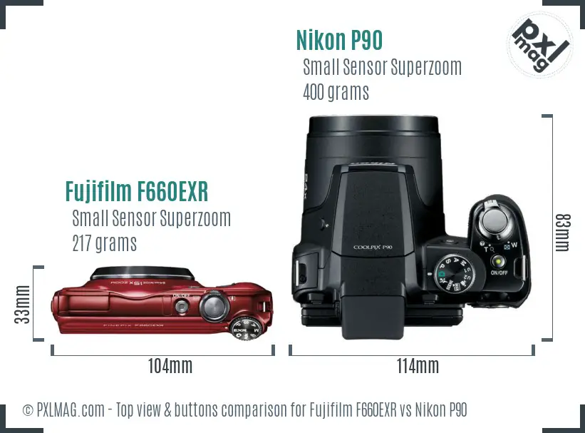 Fujifilm F660EXR vs Nikon P90 top view buttons comparison