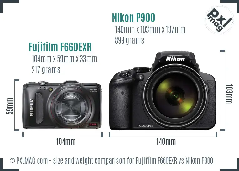 Fujifilm F660EXR vs Nikon P900 size comparison Fujifilm F660EXR vs Nikon P900 size comparison