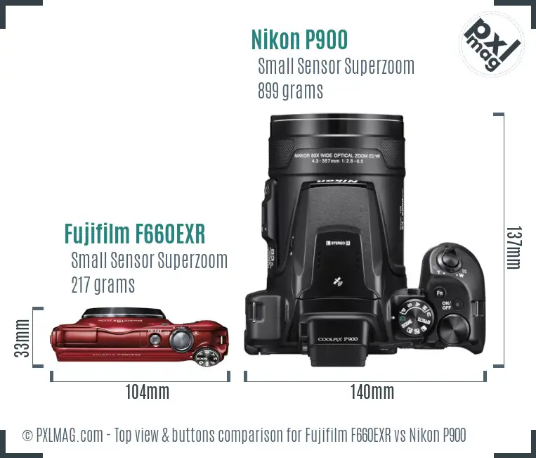 Fujifilm F660EXR vs Nikon P900 top view buttons comparison Fujifilm F660EXR vs Nikon P900 top view buttons comparison
