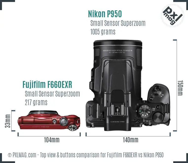 Fujifilm F660EXR vs Nikon P950 top view buttons comparison