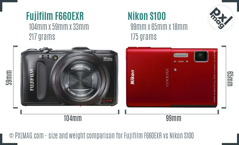 Fujifilm F660EXR vs Nikon S100 size comparison