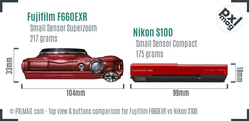 Fujifilm F660EXR vs Nikon S100 top view buttons comparison