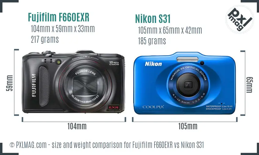 Fujifilm F660EXR vs Nikon S31 size comparison